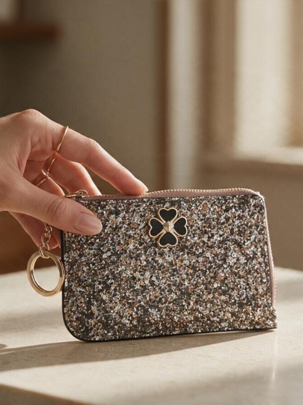 Kate Spade Rose Gold Glitter Cardholder with keychain